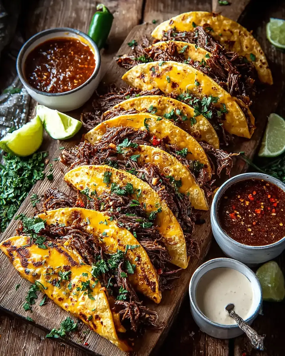 A delicious plate of Cowboy Butter Smashed Beef Tortilla Melts with Spicy Dipping Sauce
