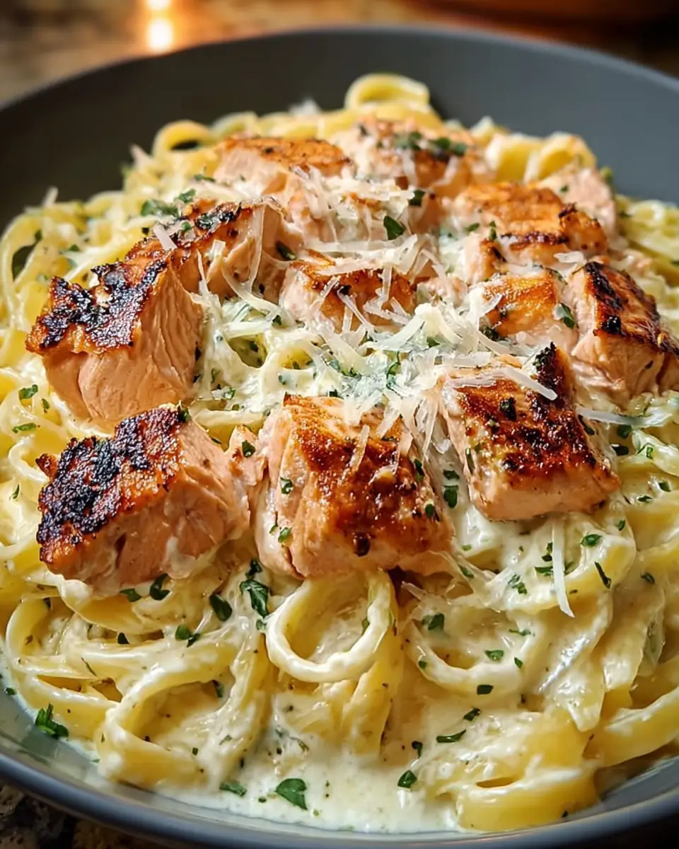 A delicious plate of Creamy Air-Fried Salmon Pasta