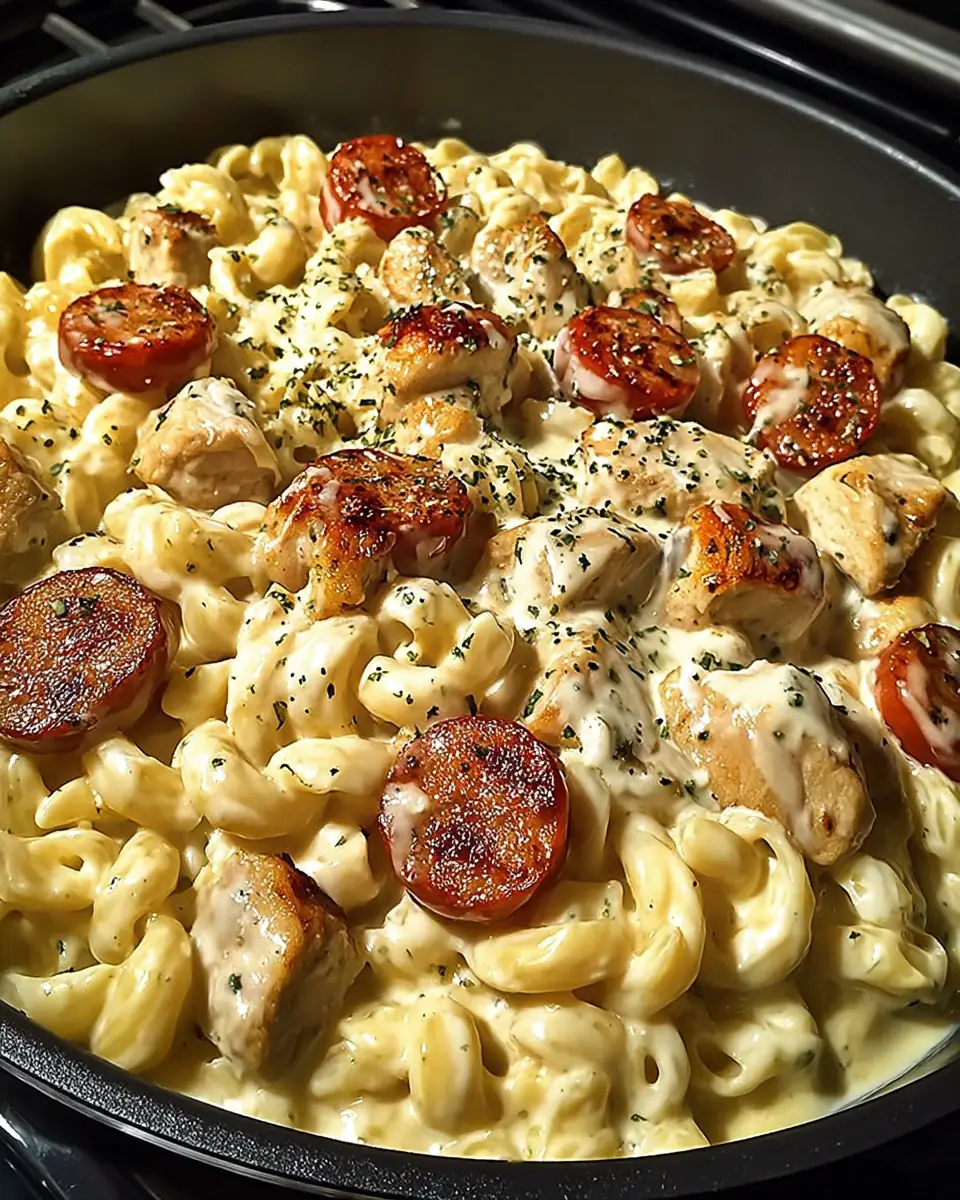 A delicious plate of Creamy Pepper Jack Chicken & Sausage Pasta