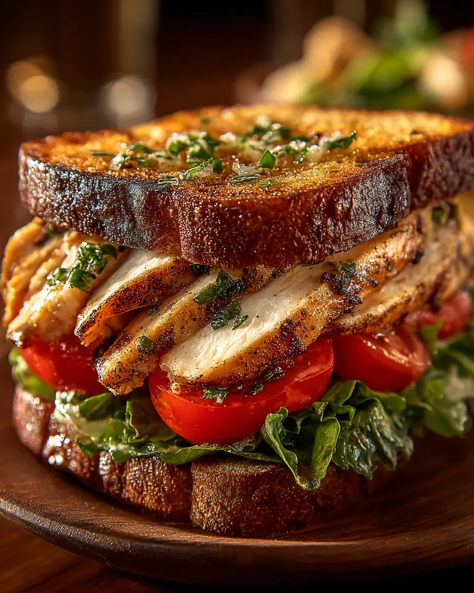 A delicious plate of Garlic Butter, Lettuce, Tomato & Grilled Chicken Sandwich