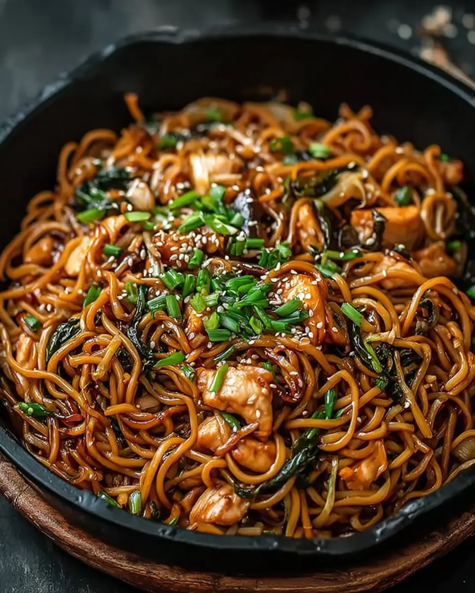 A delicious plate of Garlic Chicken Lo Mein