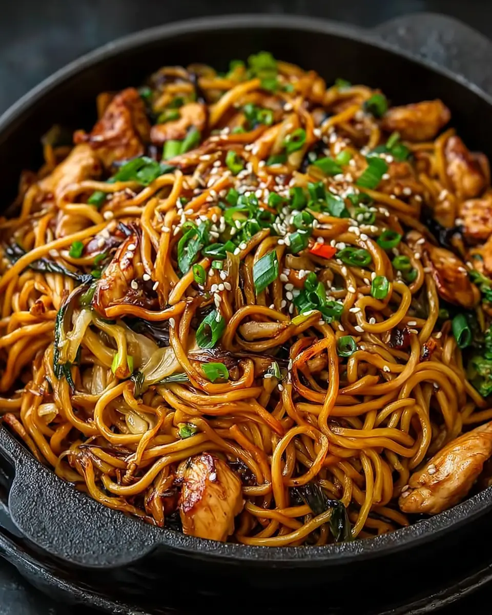 A delicious plate of Garlic Chicken Lo Mein