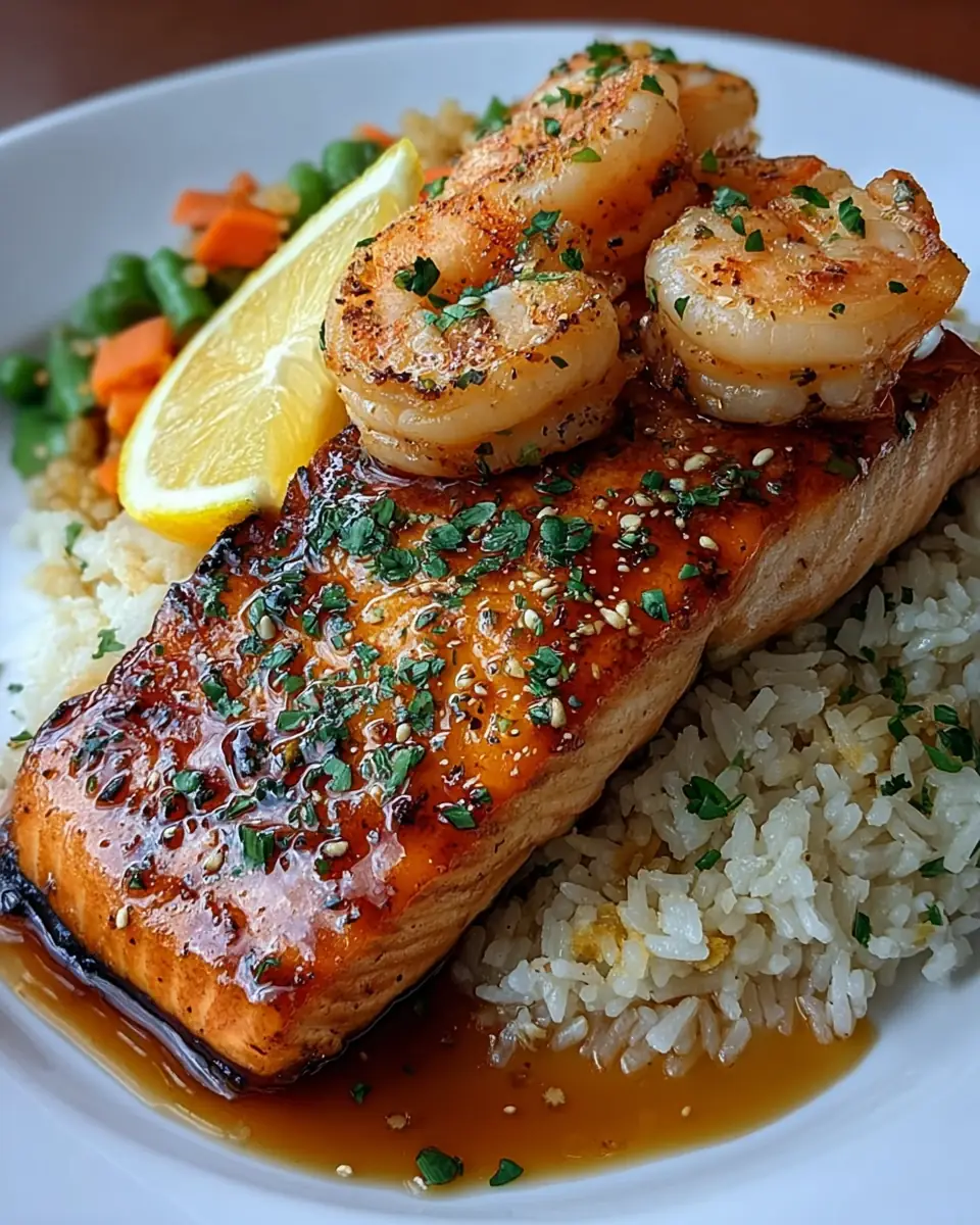 A delicious plate of Honey Garlic Glazed Salmon with Shrimp & Veggie Fried Rice
