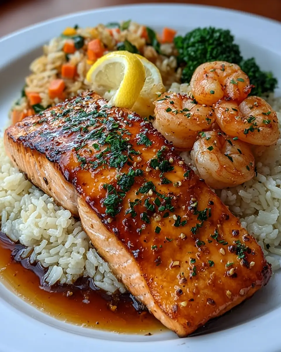 A delicious plate of Honey Garlic Glazed Salmon with Shrimp & Veggie Fried Rice