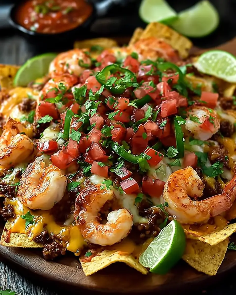 A delicious plate of Loaded Shrimp & Beef Nachos