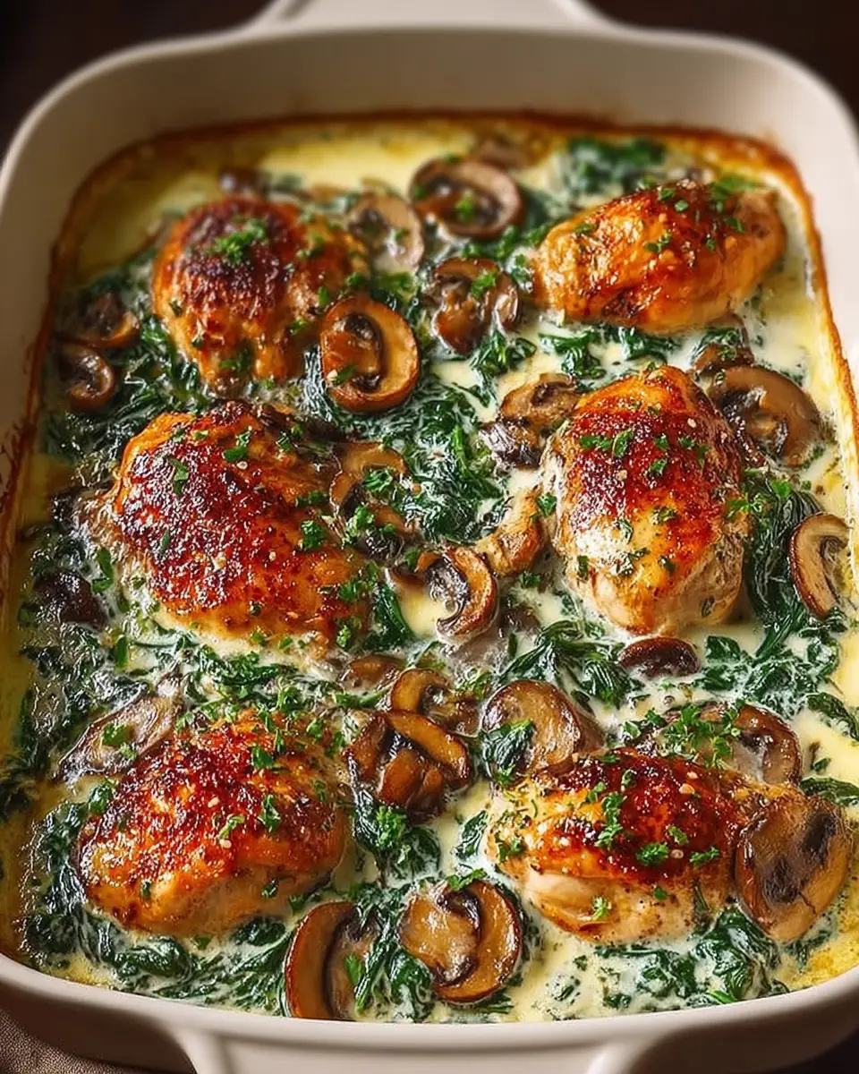 A delicious plate of Low Carb Creamy Chicken, Spinach & Mushroom Bake