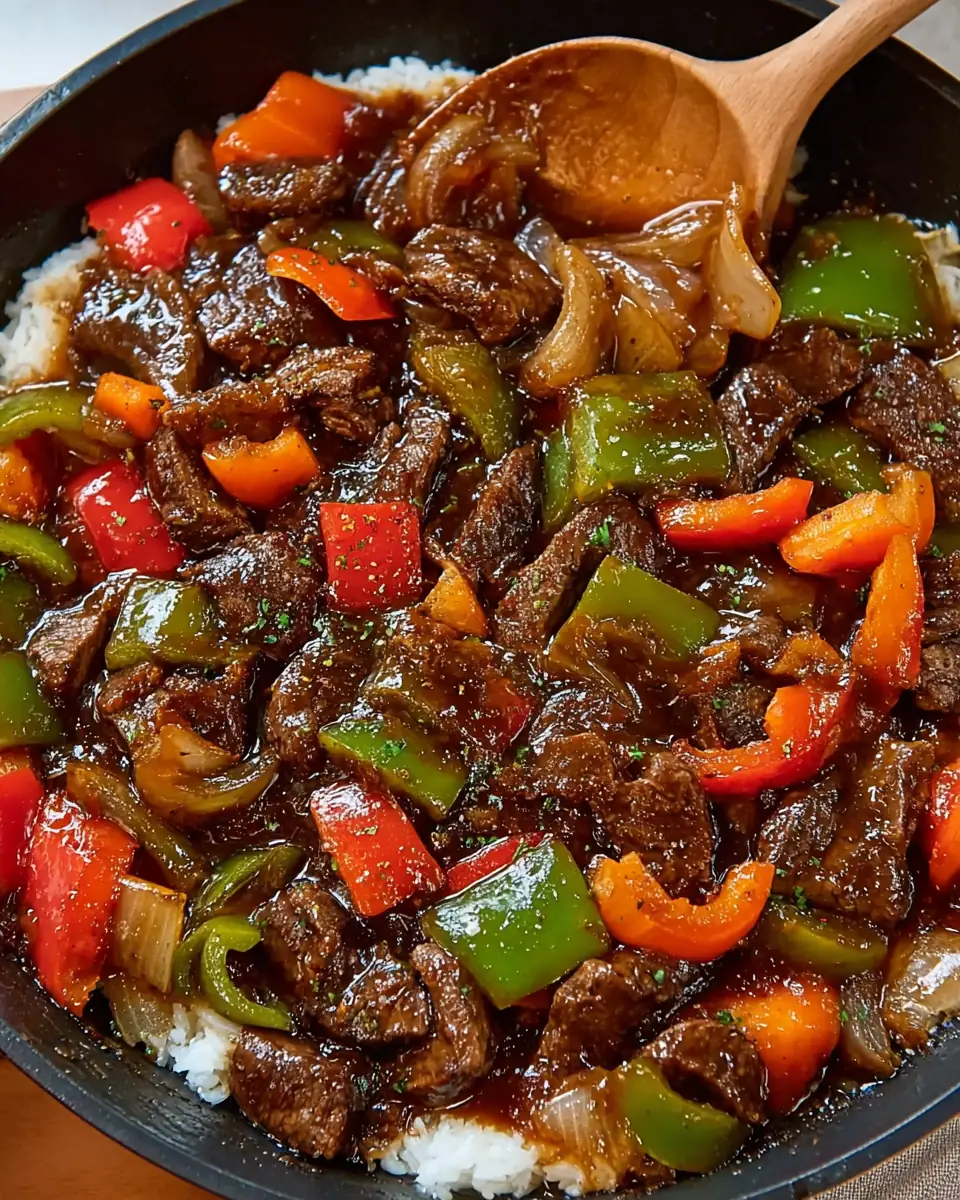 A delicious plate of Pepper Steak with Garlic Rice
