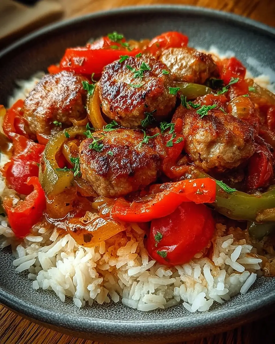 A delicious plate of Sausage, Onion, Bell Peppers & Tomatoes Over Rice