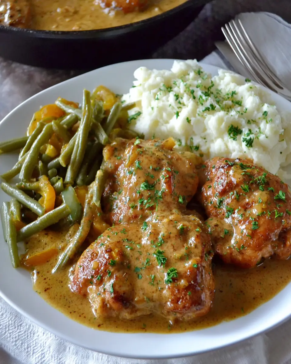 A delicious plate of Smothered Chicken with Peppers & Onion Gravy