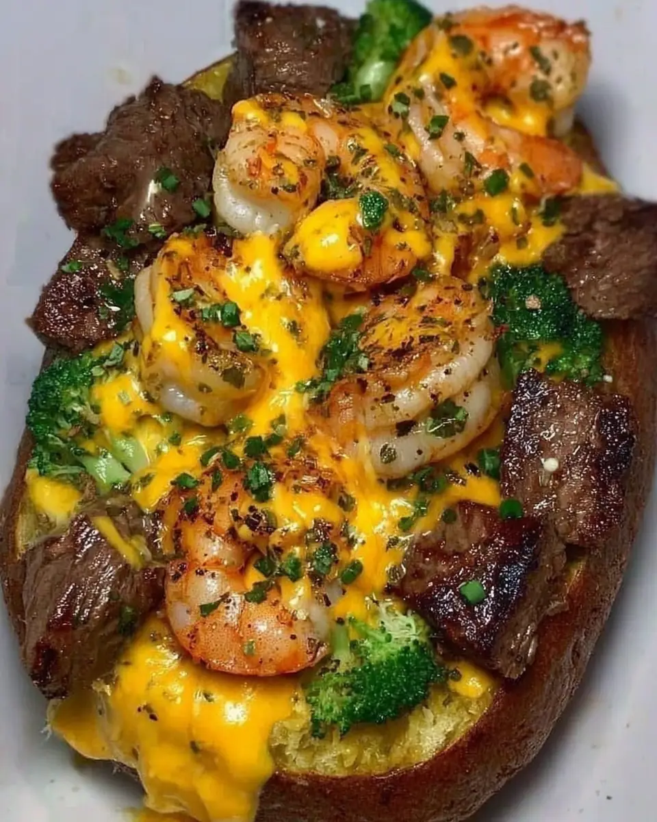 A delicious plate of Steak & Shrimp Over a Cheesy Jumbo