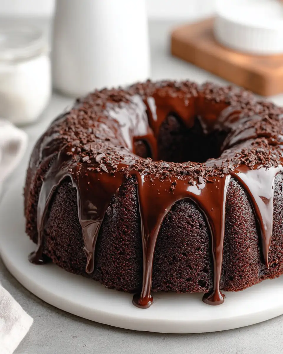 A delicious plate of Blackout Chocolate Bundt Cake with Chocolate Ganache Glaze