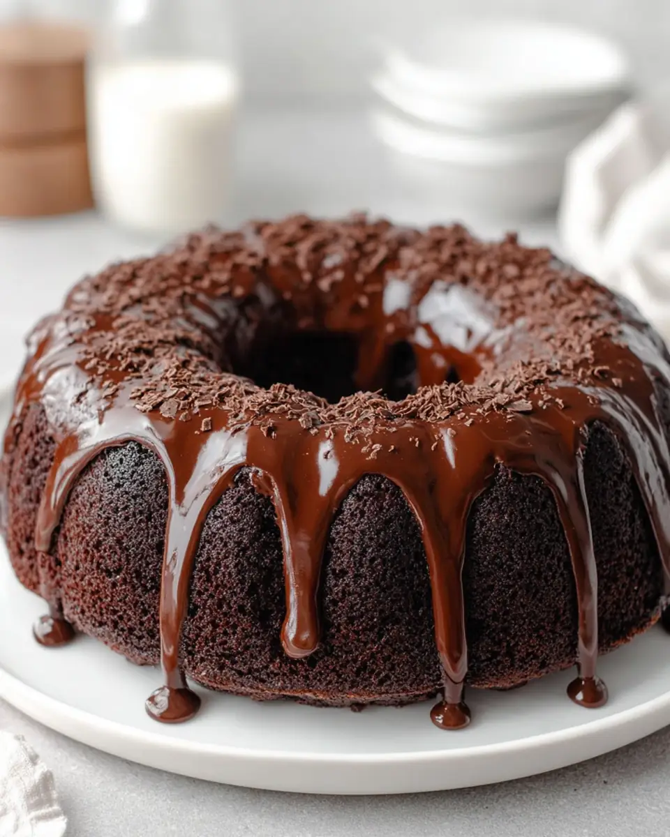 A delicious plate of Blackout Chocolate Bundt Cake with Chocolate Ganache Glaze