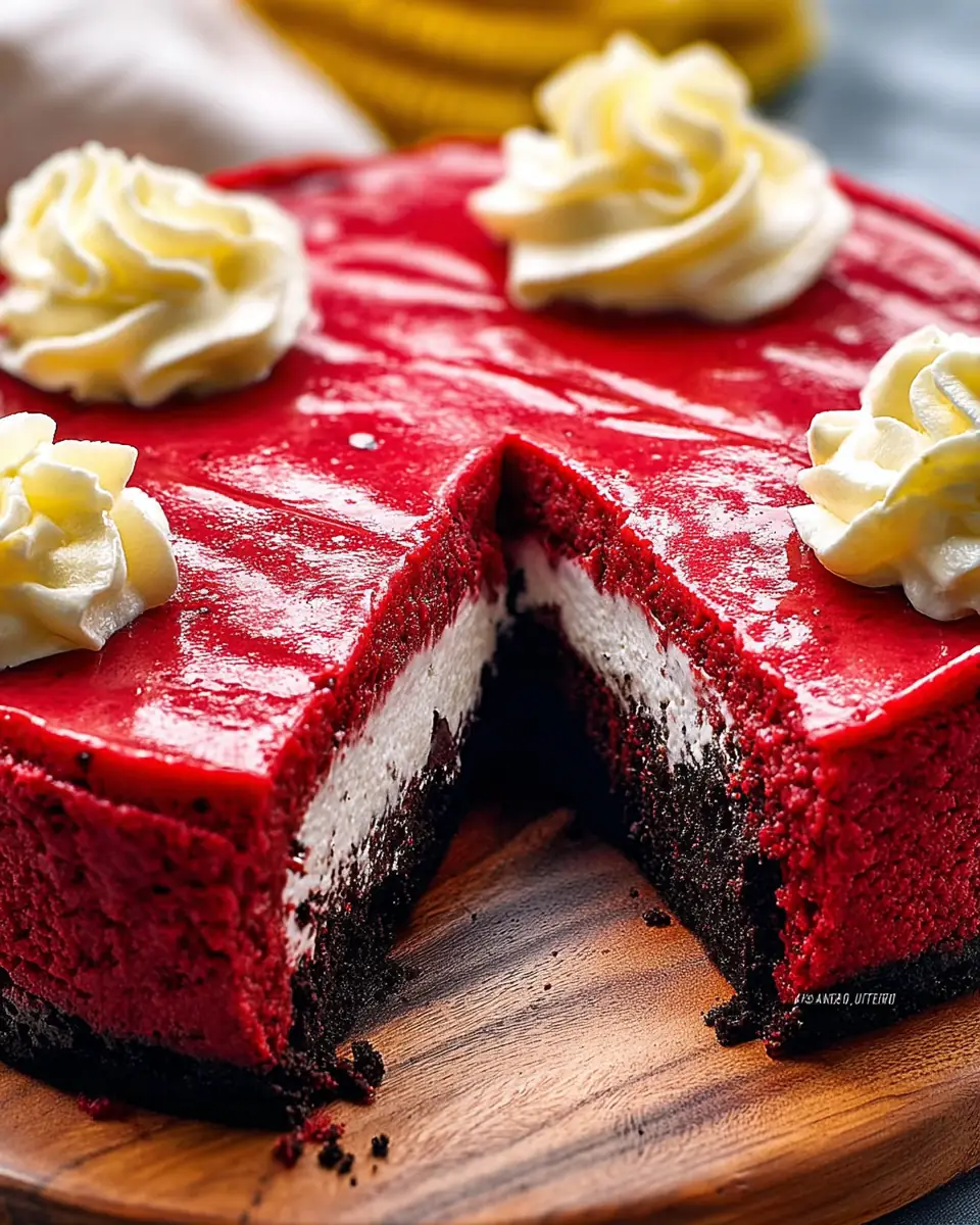 A delicious plate of Red Velvet Oreo Cheesecake