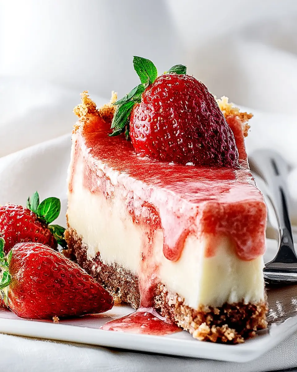 A delicious plate of White Chocolate Strawberry Cheesecake